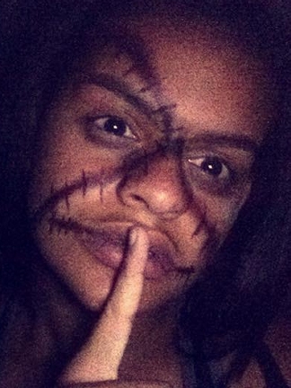 Mya in 2015, testing stitrch makeup for Homicidal Liu from Jeff trhe Killer